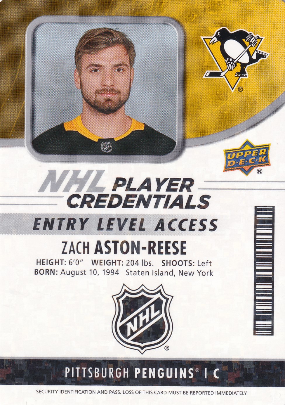 Zach Aston-Reese - 2018/19 MVP Hockey - NHL Player Credentials - #NHL-ZA